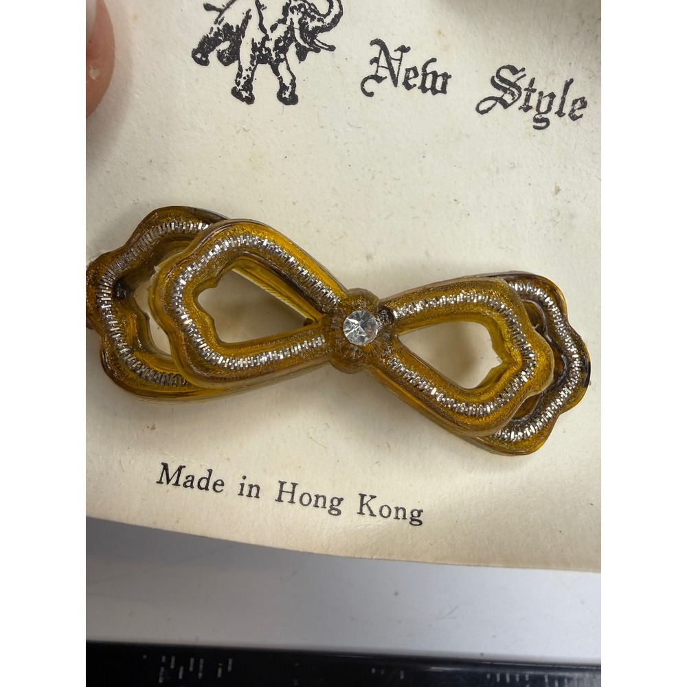NOS Vintage Amber Bow Hair Barrette Rhinestone Silver Trim Made in Hong Kong